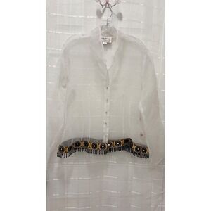 Kelly Bishop Evenings Sheer White Organza Blouse Mirror Bead Trim Size 14